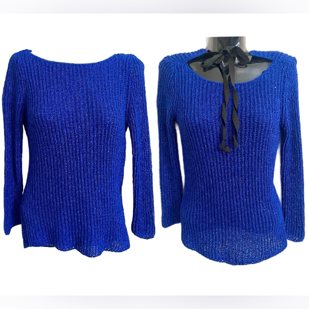 Zara Knit Lapis Blue Chunky Open Knit Sweater with Tie Ribbon EUC Small